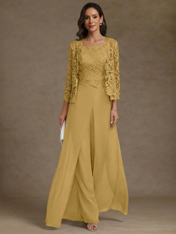 Robe Mère de la Mariée, Ligne A/Princesse, en Mousseline à Col Carré, avec Veste en Dentelle