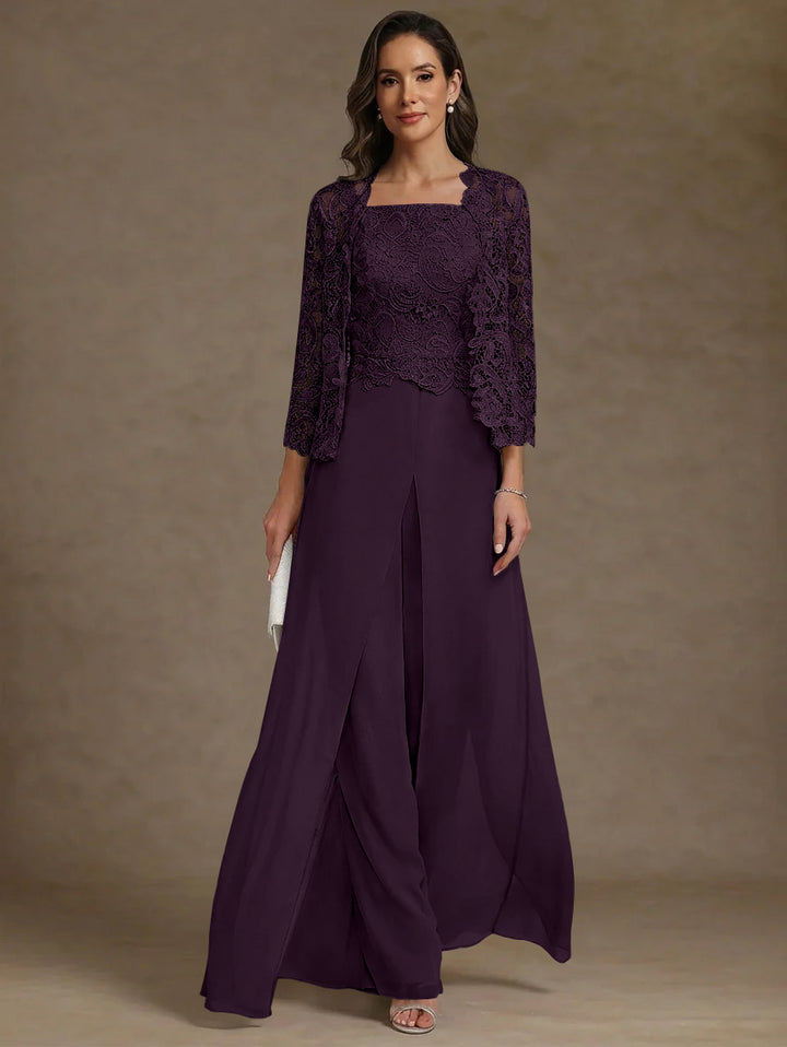 Robe Mère de la Mariée, Ligne A/Princesse, en Mousseline à Col Carré, avec Veste en Dentelle