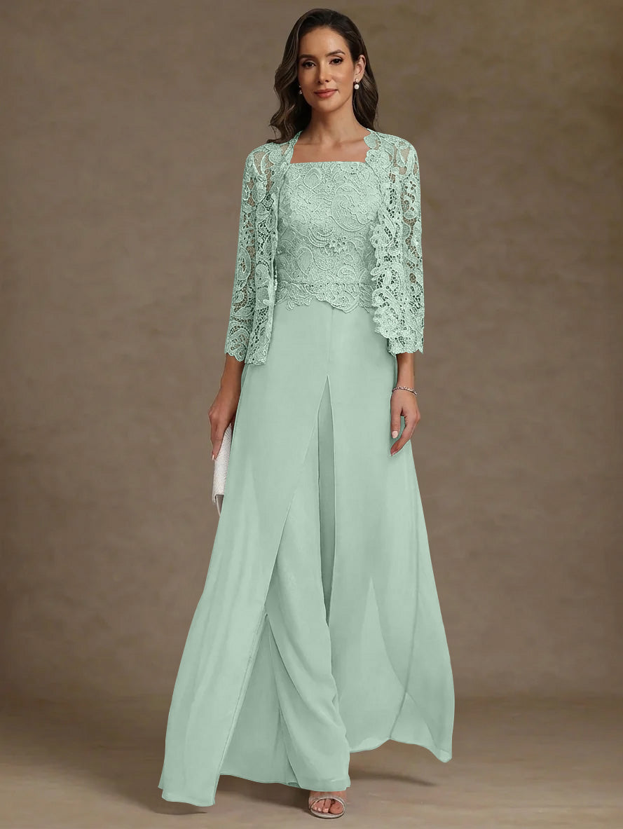 Robe Mère de la Mariée, Ligne A/Princesse, en Mousseline à Col Carré, avec Veste en Dentelle