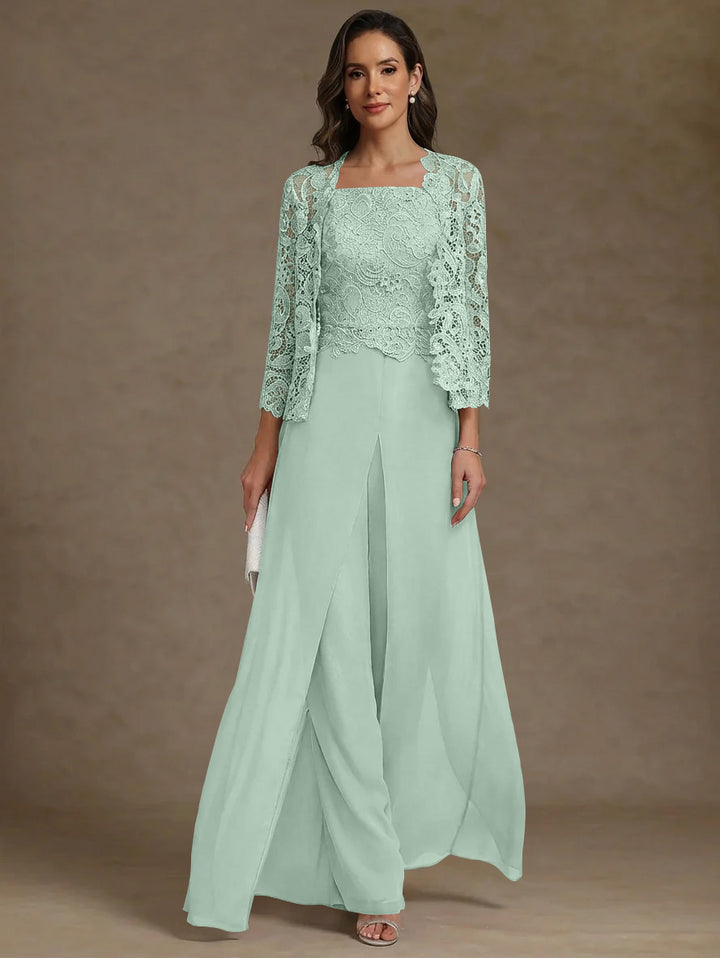 Robe Mère de la Mariée, Ligne A/Princesse, en Mousseline à Col Carré, avec Veste en Dentelle