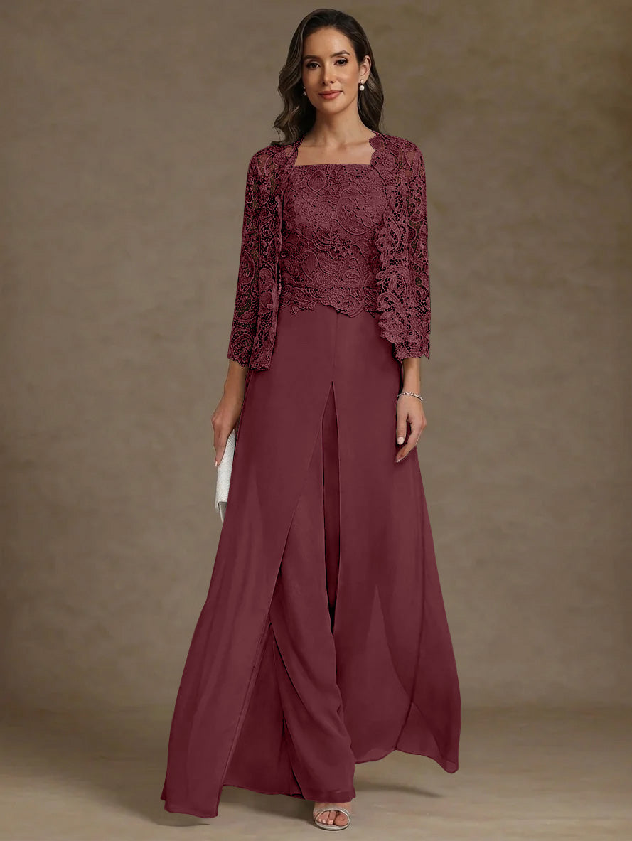 Robe Mère de la Mariée, Ligne A/Princesse, en Mousseline à Col Carré, avec Veste en Dentelle