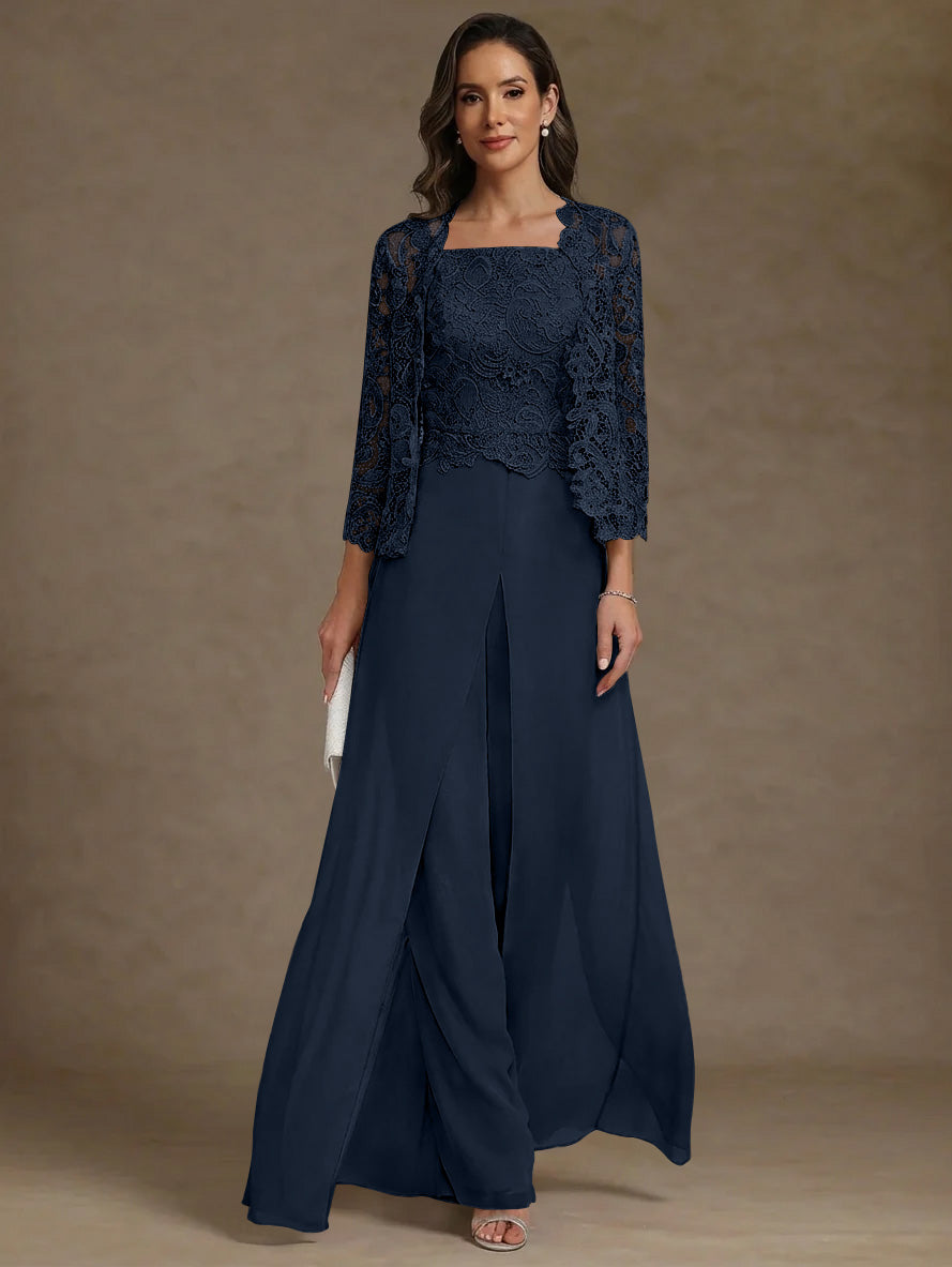 Robe Mère de la Mariée, Ligne A/Princesse, en Mousseline à Col Carré, avec Veste en Dentelle