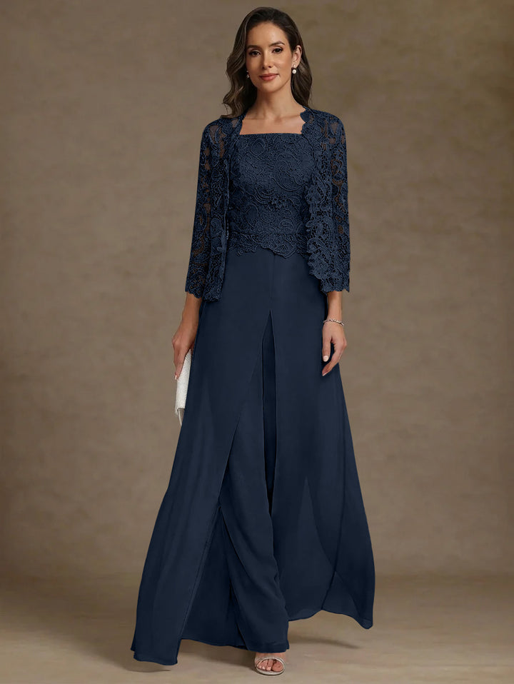 Robe Mère de la Mariée, Ligne A/Princesse, en Mousseline à Col Carré, avec Veste en Dentelle