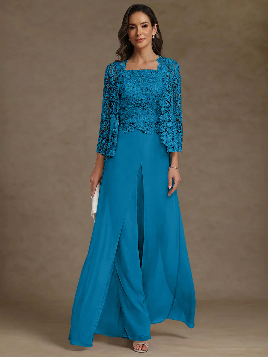 Robe Mère de la Mariée, Ligne A/Princesse, en Mousseline à Col Carré, avec Veste en Dentelle