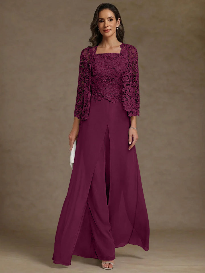 Robe Mère de la Mariée, Ligne A/Princesse, en Mousseline à Col Carré, avec Veste en Dentelle