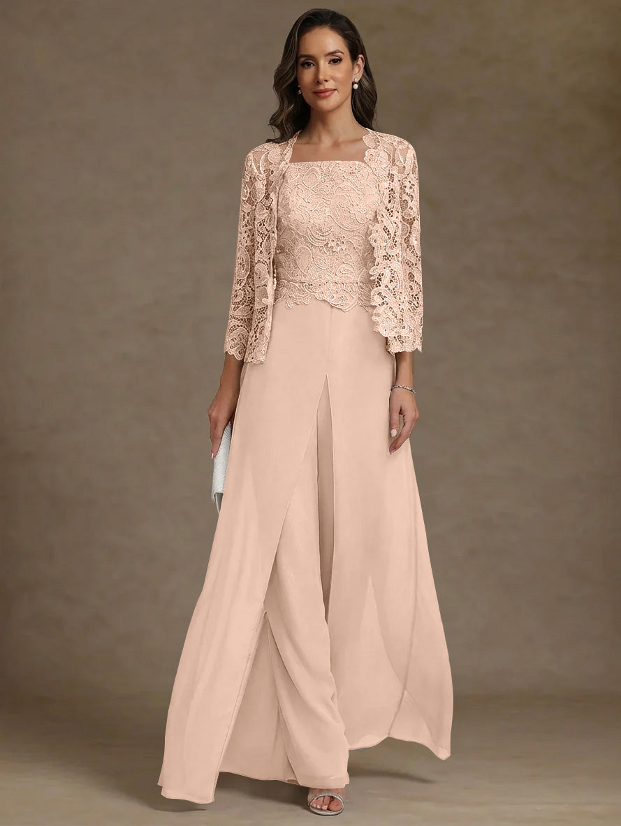 Robe Mère de la Mariée, Ligne A/Princesse, en Mousseline à Col Carré, avec Veste en Dentelle