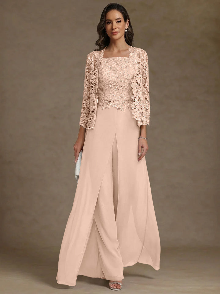 Robe Mère de la Mariée, Ligne A/Princesse, en Mousseline à Col Carré, avec Veste en Dentelle