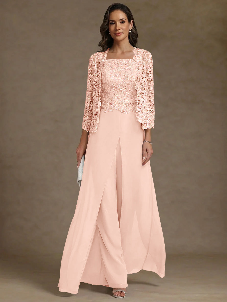 Robe Mère de la Mariée, Ligne A/Princesse, en Mousseline à Col Carré, avec Veste en Dentelle