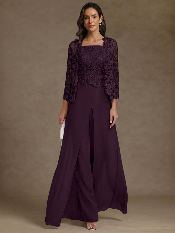 Robe Mère de la Mariée, Ligne A/Princesse, en Mousseline à Col Carré, avec Veste en Dentelle