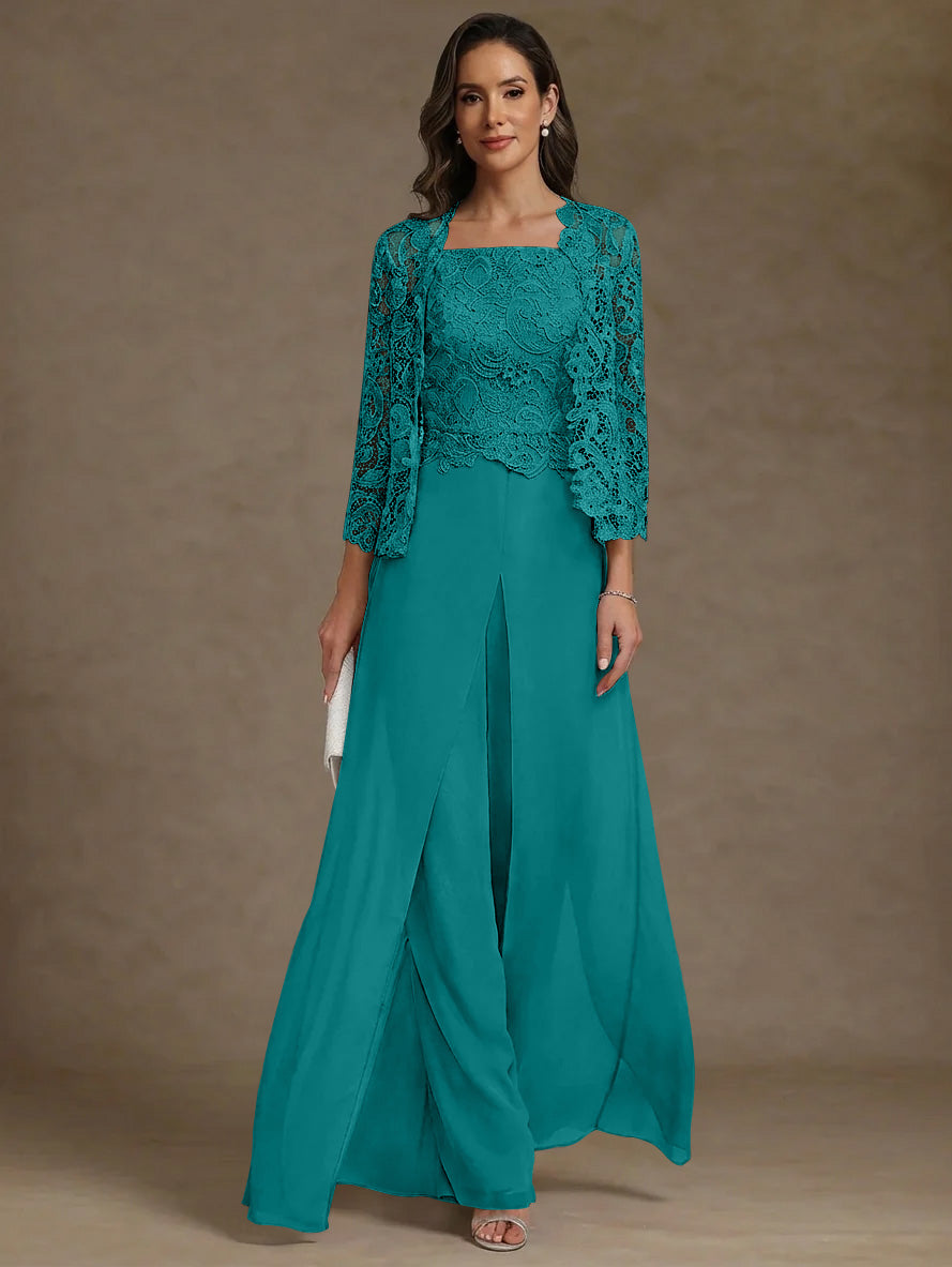 Robe Mère de la Mariée, Ligne A/Princesse, en Mousseline à Col Carré, avec Veste en Dentelle