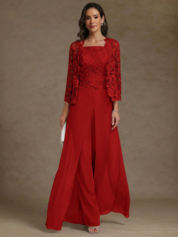 Robe Mère de la Mariée, Ligne A/Princesse, en Mousseline à Col Carré, avec Veste en Dentelle