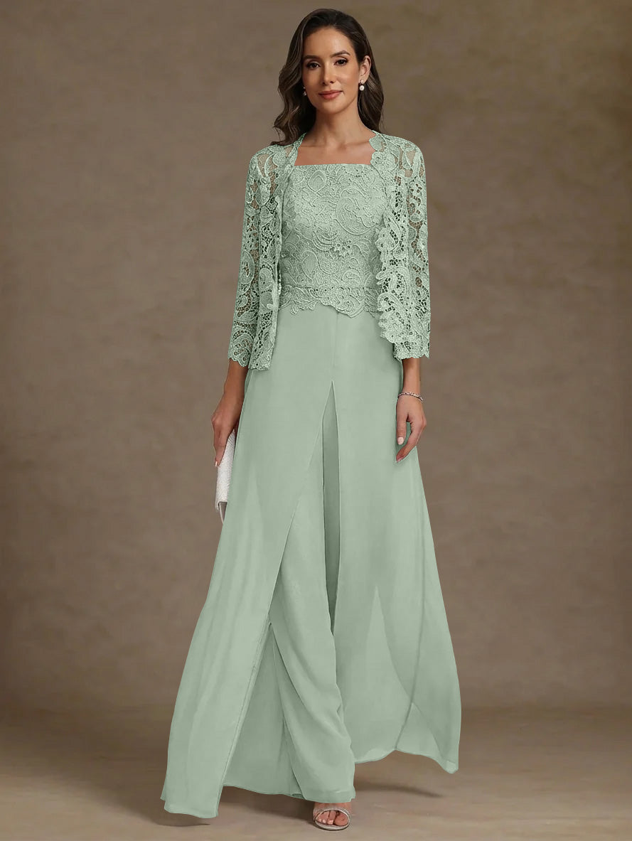 Robe Mère de la Mariée, Ligne A/Princesse, en Mousseline à Col Carré, avec Veste en Dentelle