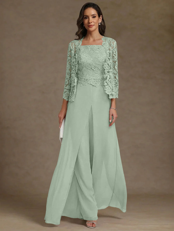 Robe Mère de la Mariée, Ligne A/Princesse, en Mousseline à Col Carré, avec Veste en Dentelle