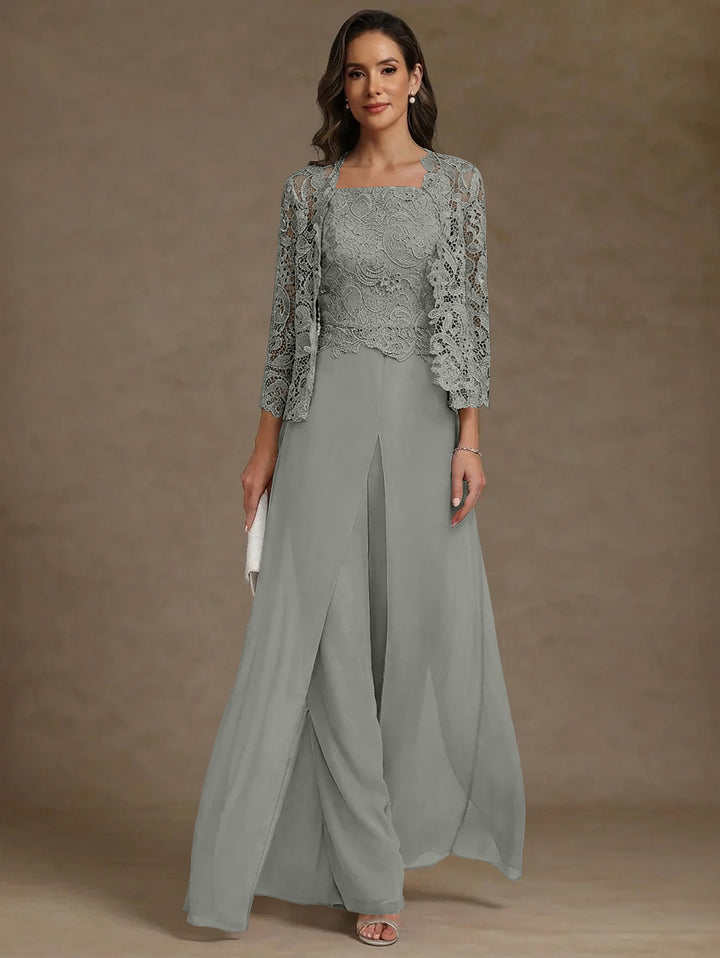 Robe Mère de la Mariée, Ligne A/Princesse, en Mousseline à Col Carré, avec Veste en Dentelle