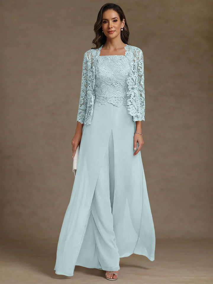 Robe Mère de la Mariée, Ligne A/Princesse, en Mousseline à Col Carré, avec Veste en Dentelle