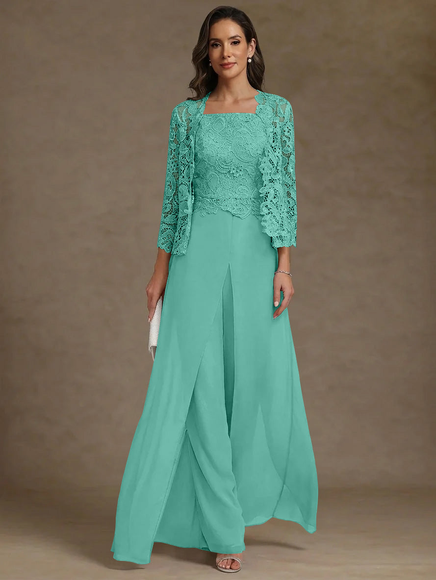 Robe Mère de la Mariée, Ligne A/Princesse, en Mousseline à Col Carré, avec Veste en Dentelle