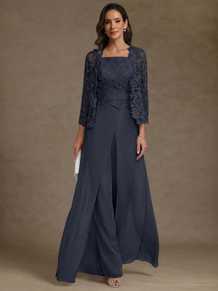 Robe Mère de la Mariée, Ligne A/Princesse, en Mousseline à Col Carré, avec Veste en Dentelle