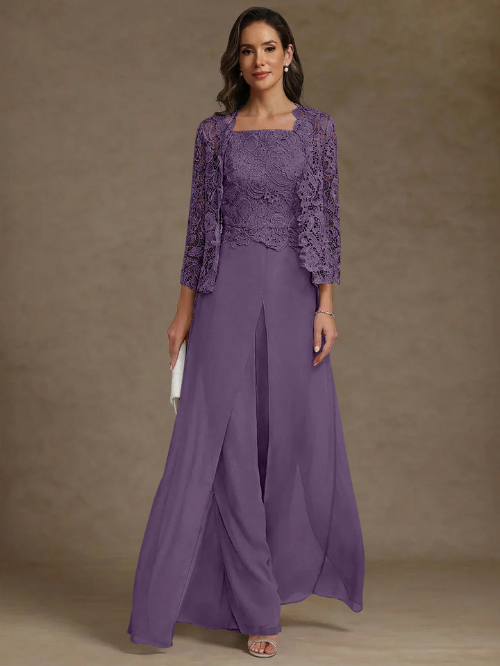 Robe Mère de la Mariée, Ligne A/Princesse, en Mousseline à Col Carré, avec Veste en Dentelle