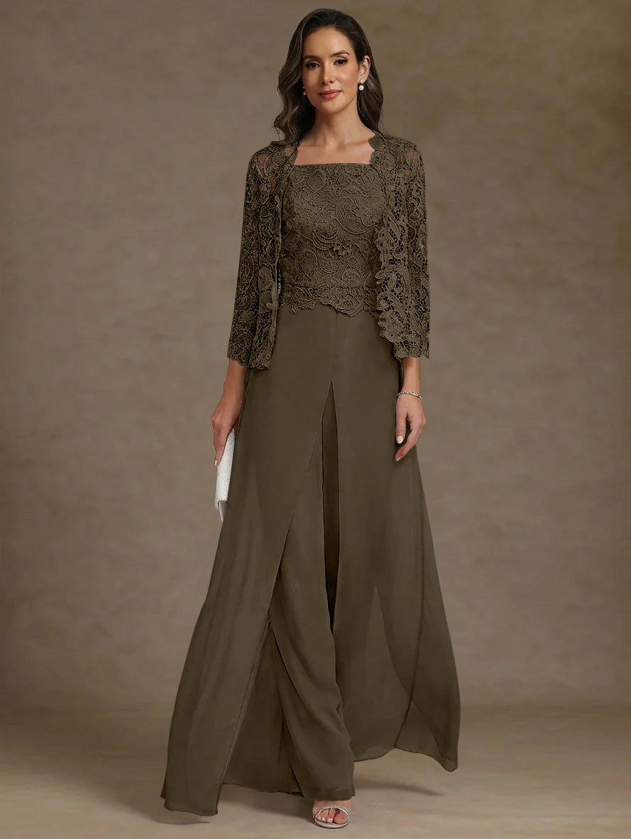 Robe Mère de la Mariée, Ligne A/Princesse, en Mousseline à Col Carré, avec Veste en Dentelle
