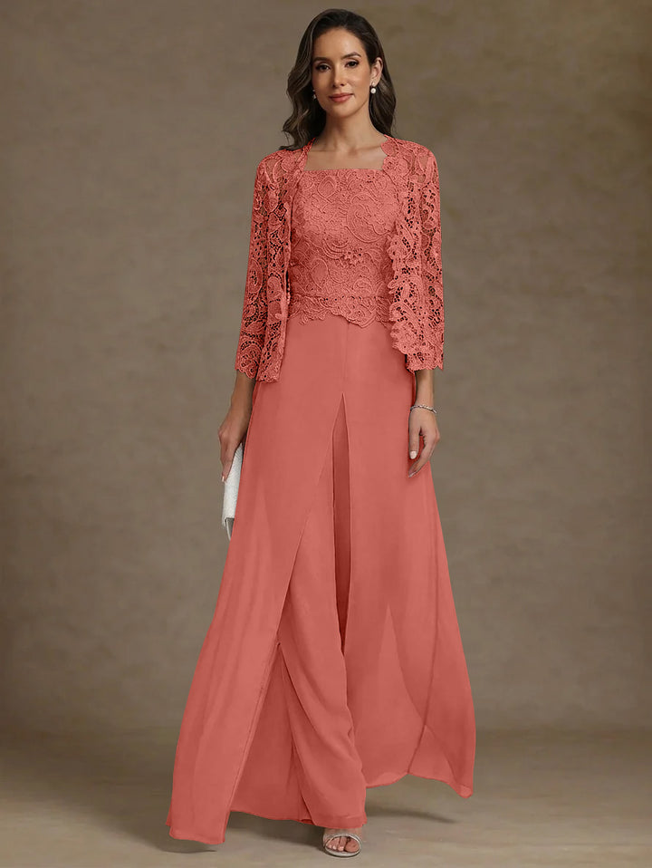 Robe Mère de la Mariée, Ligne A/Princesse, en Mousseline à Col Carré, avec Veste en Dentelle