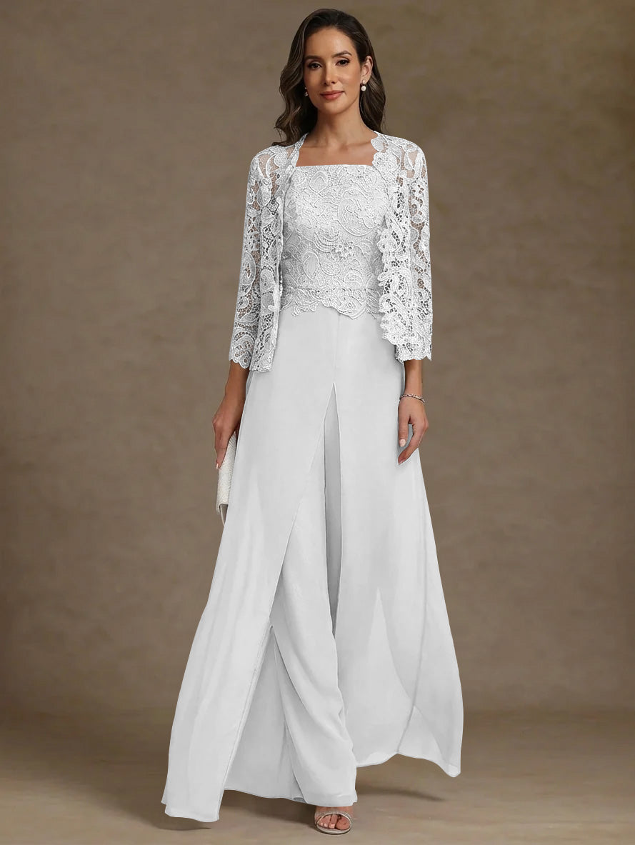 Robe Mère de la Mariée, Ligne A/Princesse, en Mousseline à Col Carré, avec Veste en Dentelle