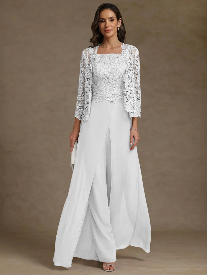 Robe Mère de la Mariée, Ligne A/Princesse, en Mousseline à Col Carré, avec Veste en Dentelle