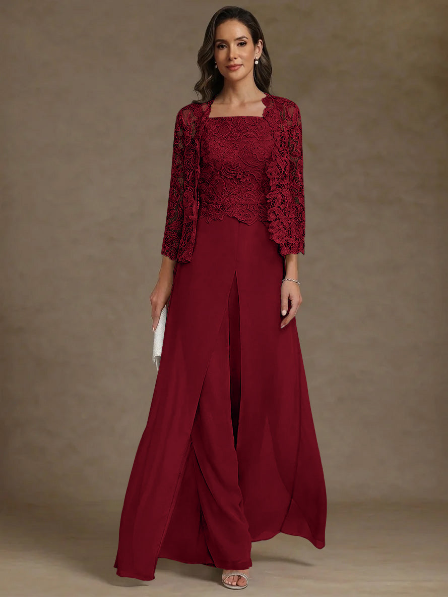 Robe Mère de la Mariée, Ligne A/Princesse, en Mousseline à Col Carré, avec Veste en Dentelle