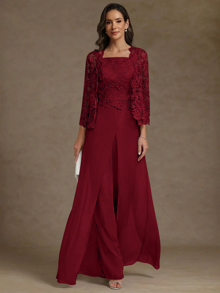 Robe Mère de la Mariée, Ligne A/Princesse, en Mousseline à Col Carré, avec Veste en Dentelle