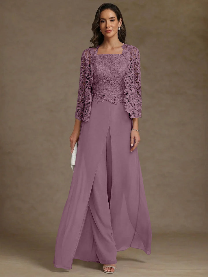 Robe Mère de la Mariée, Ligne A/Princesse, en Mousseline à Col Carré, avec Veste en Dentelle