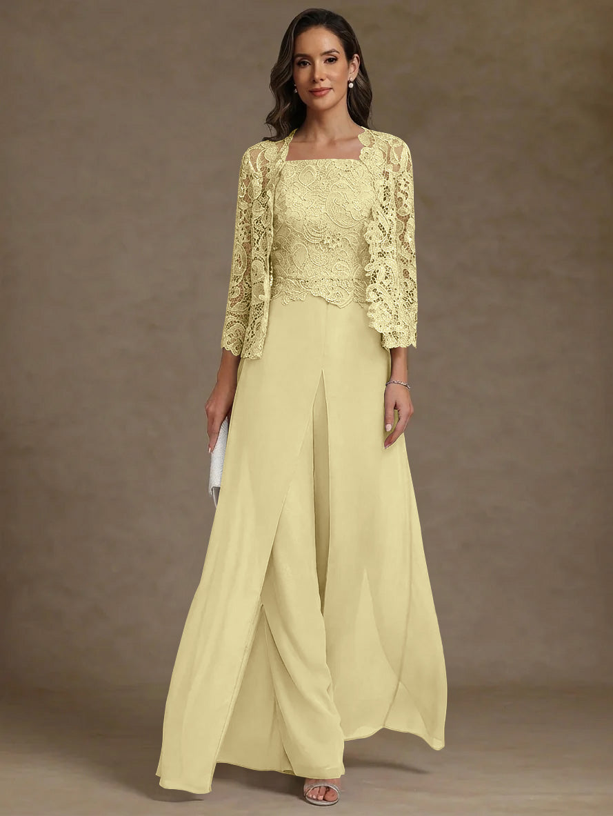 Robe Mère de la Mariée, Ligne A/Princesse, en Mousseline à Col Carré, avec Veste en Dentelle