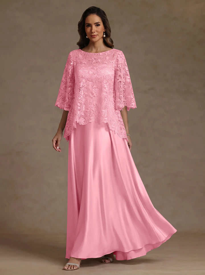 Ensemble 2 pièces mère de la mariée satin soie ligne A, col rond, manches courtes, longueur sol, dentelle
