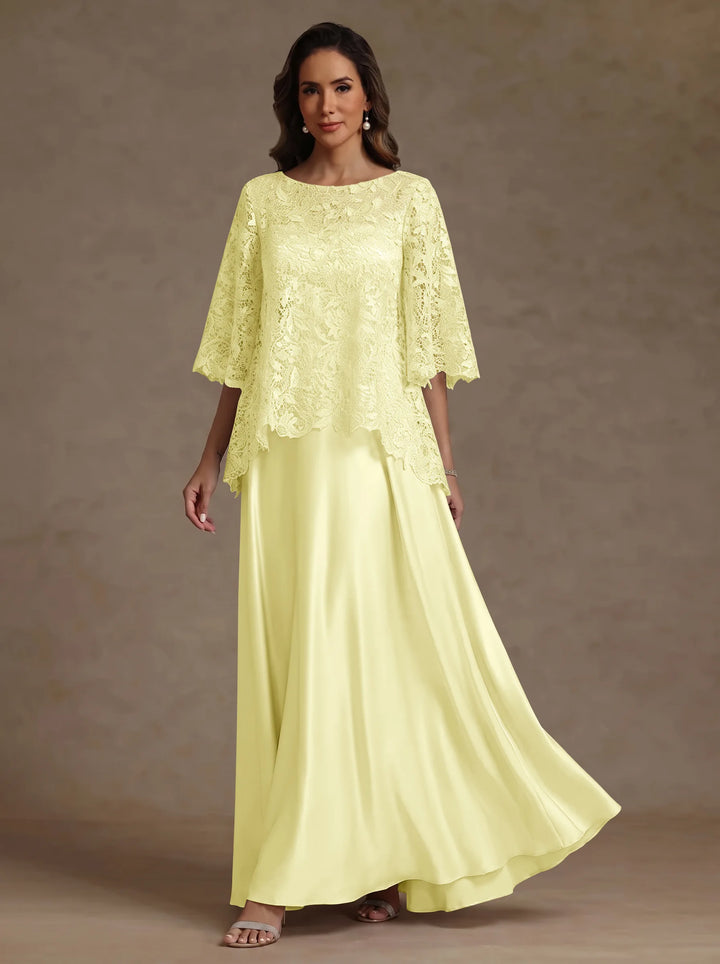 Ensemble 2 pièces mère de la mariée satin soie ligne A, col rond, manches courtes, longueur sol, dentelle