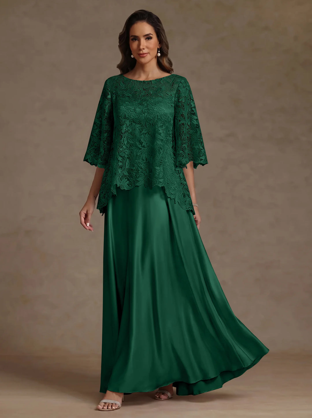 Ensemble 2 pièces mère de la mariée satin soie ligne A, col rond, manches courtes, longueur sol, dentelle