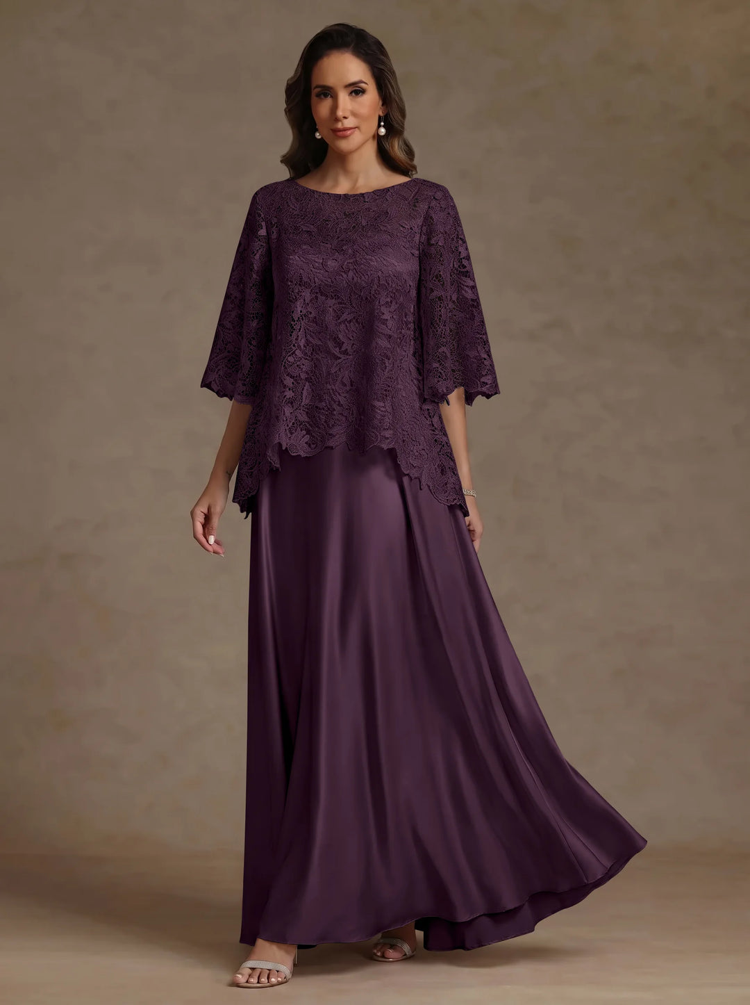 Ensemble 2 pièces mère de la mariée satin soie ligne A, col rond, manches courtes, longueur sol, dentelle