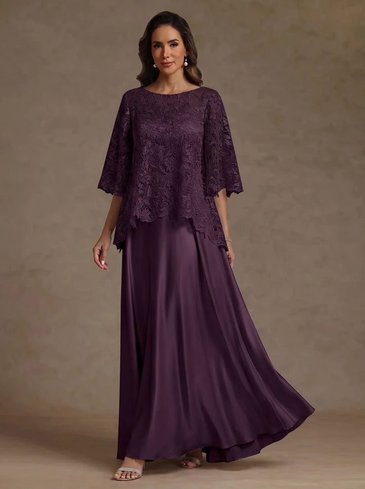 Ensemble 2 pièces mère de la mariée satin soie ligne A, col rond, manches courtes, longueur sol, dentelle