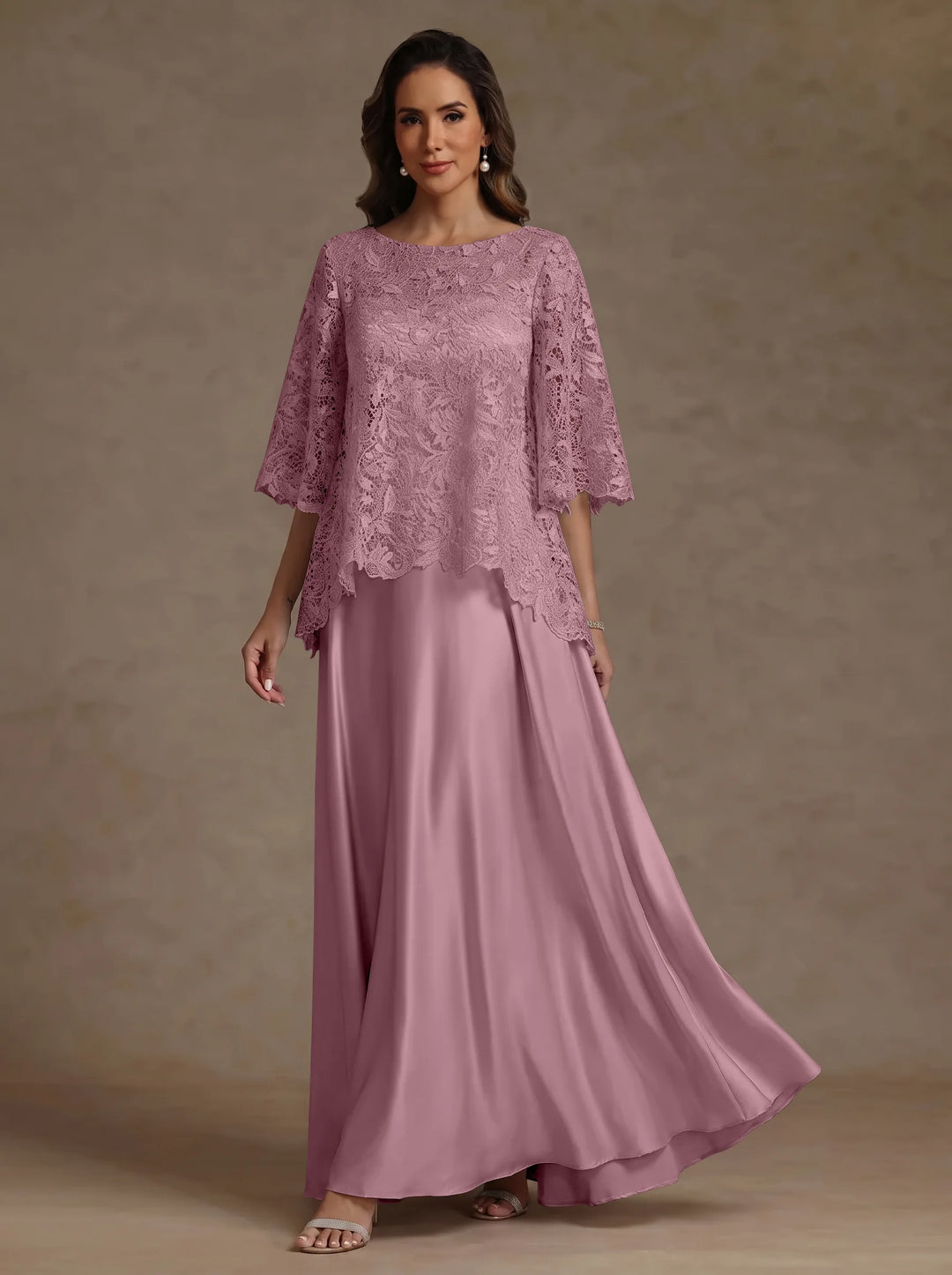 Ensemble 2 pièces mère de la mariée satin soie ligne A, col rond, manches courtes, longueur sol, dentelle