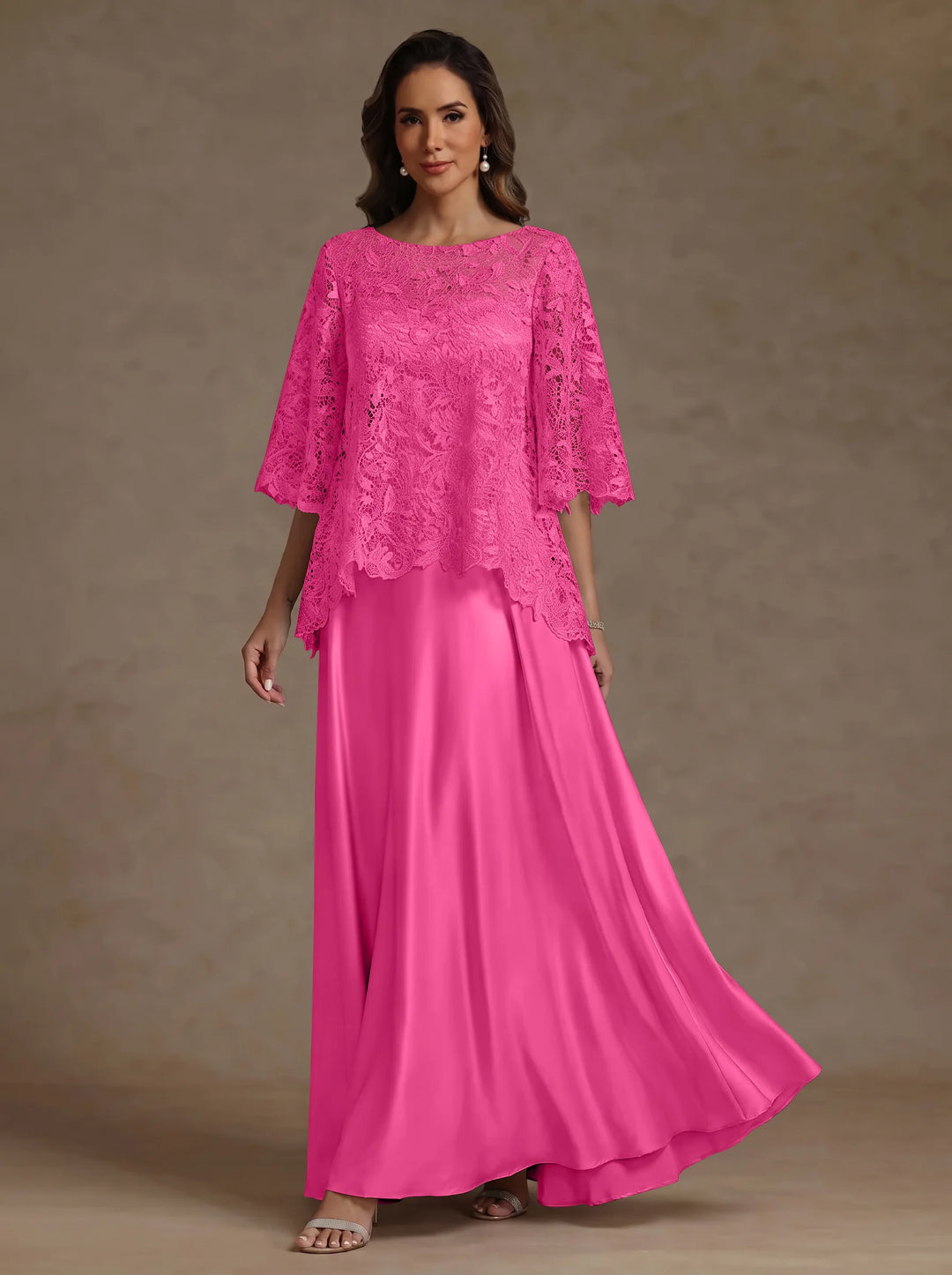 Ensemble 2 pièces mère de la mariée satin soie ligne A, col rond, manches courtes, longueur sol, dentelle