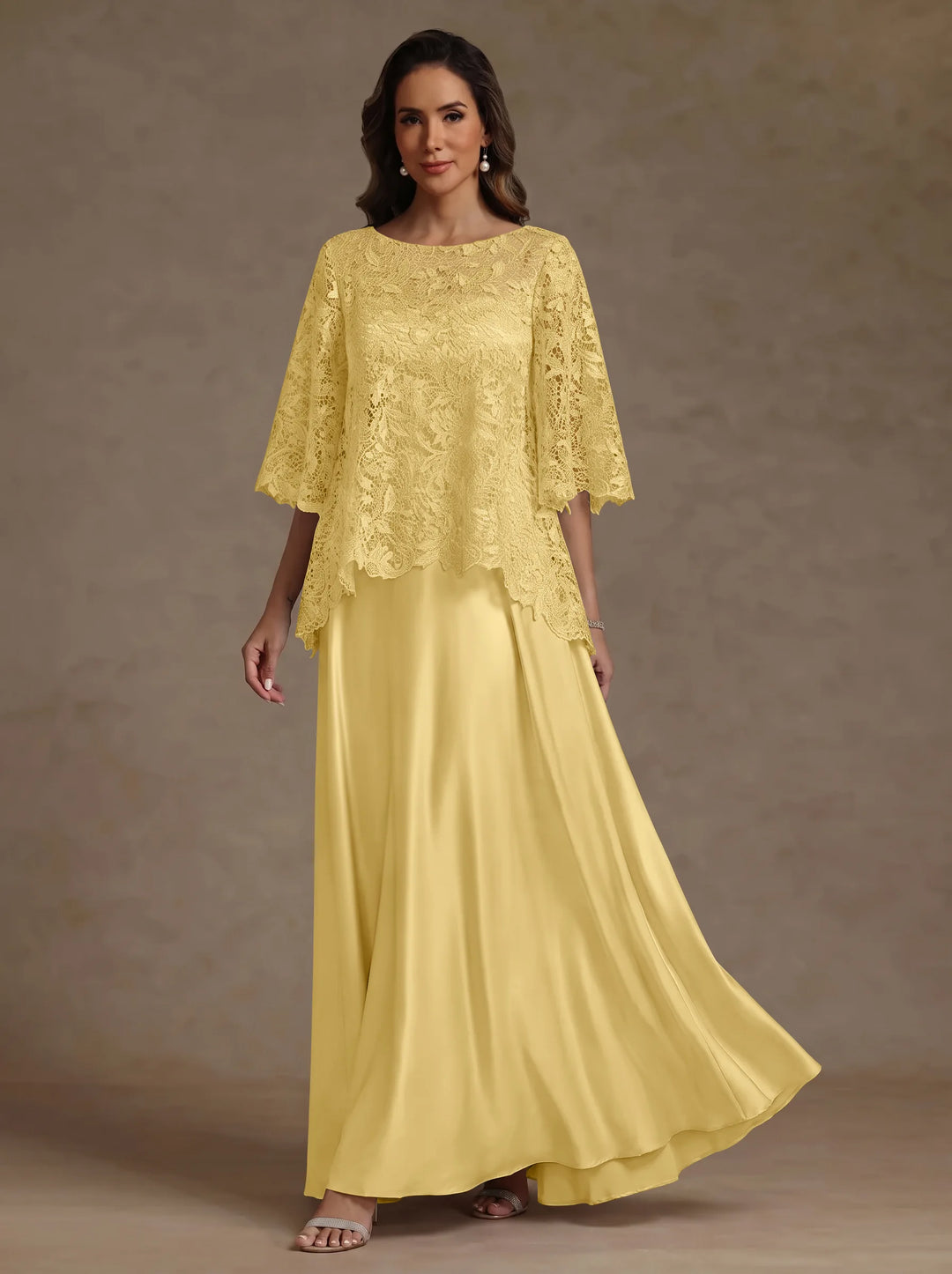 Ensemble 2 pièces mère de la mariée satin soie ligne A, col rond, manches courtes, longueur sol, dentelle