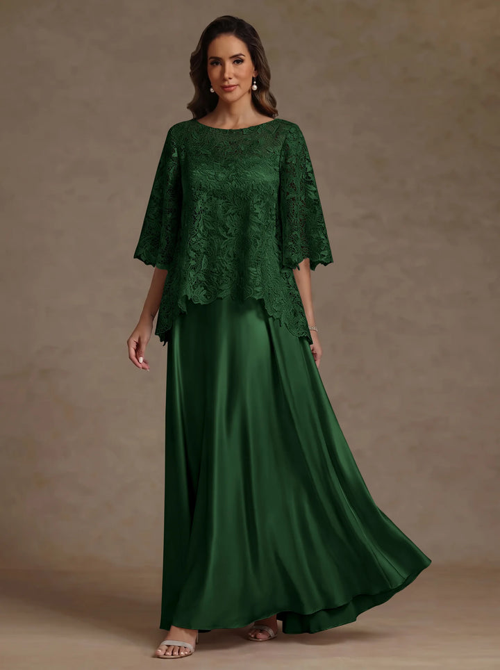 Ensemble 2 pièces mère de la mariée satin soie ligne A, col rond, manches courtes, longueur sol, dentelle