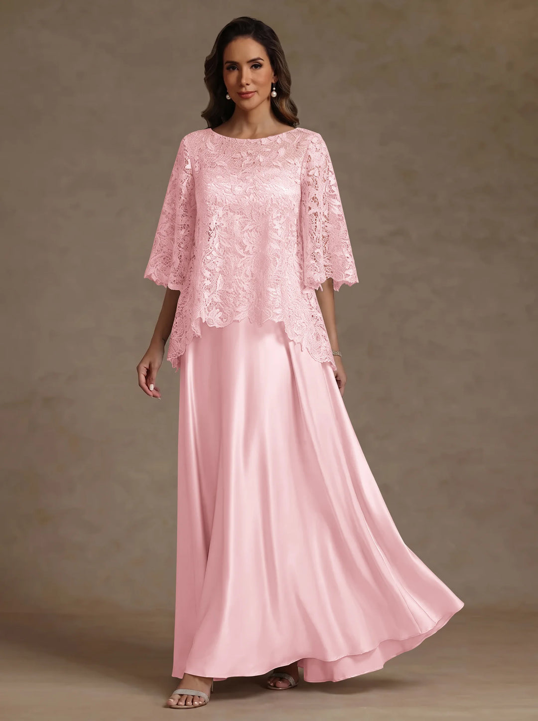 Ensemble 2 pièces mère de la mariée satin soie ligne A, col rond, manches courtes, longueur sol, dentelle