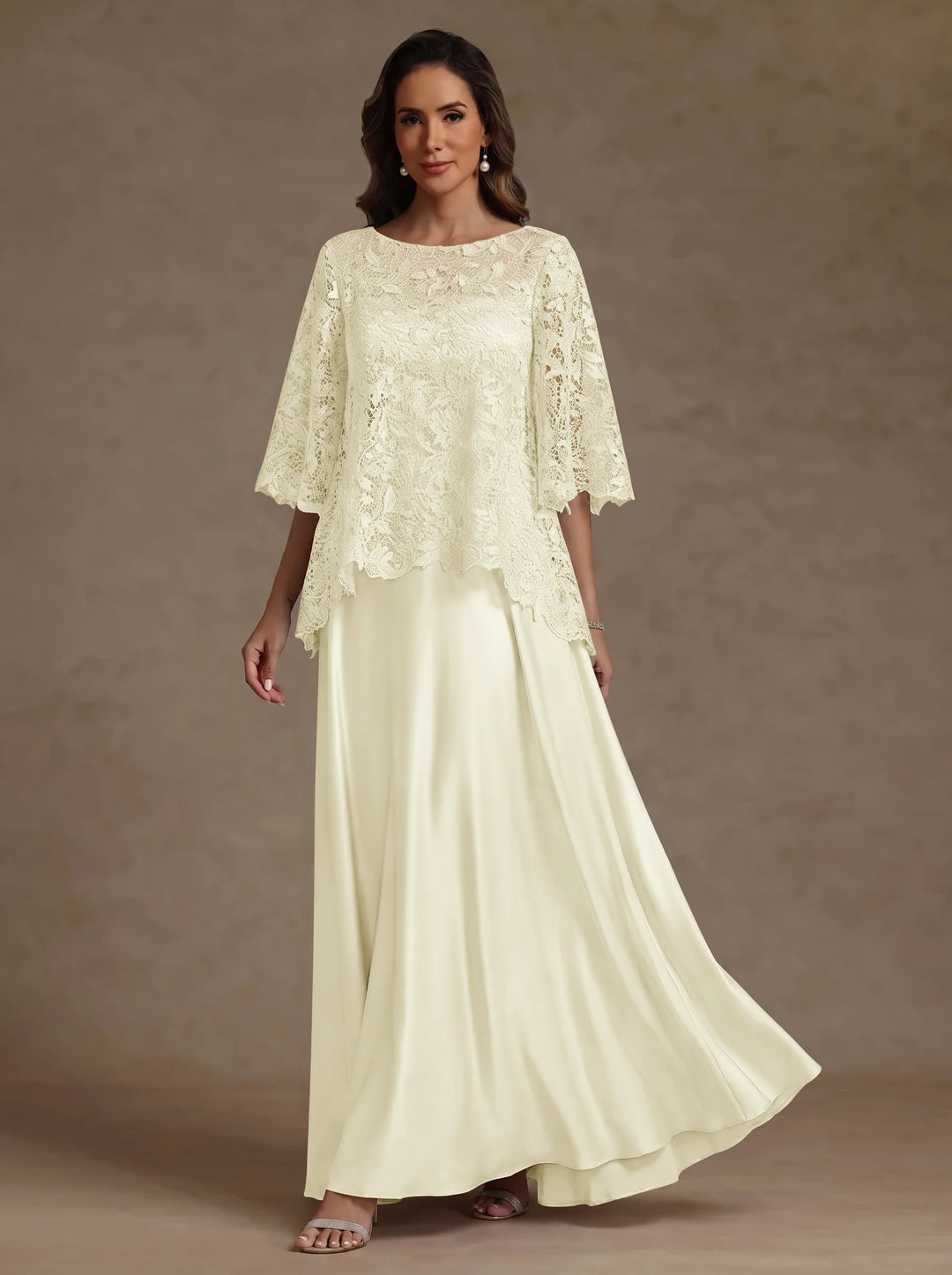 Ensemble 2 pièces mère de la mariée satin soie ligne A, col rond, manches courtes, longueur sol, dentelle