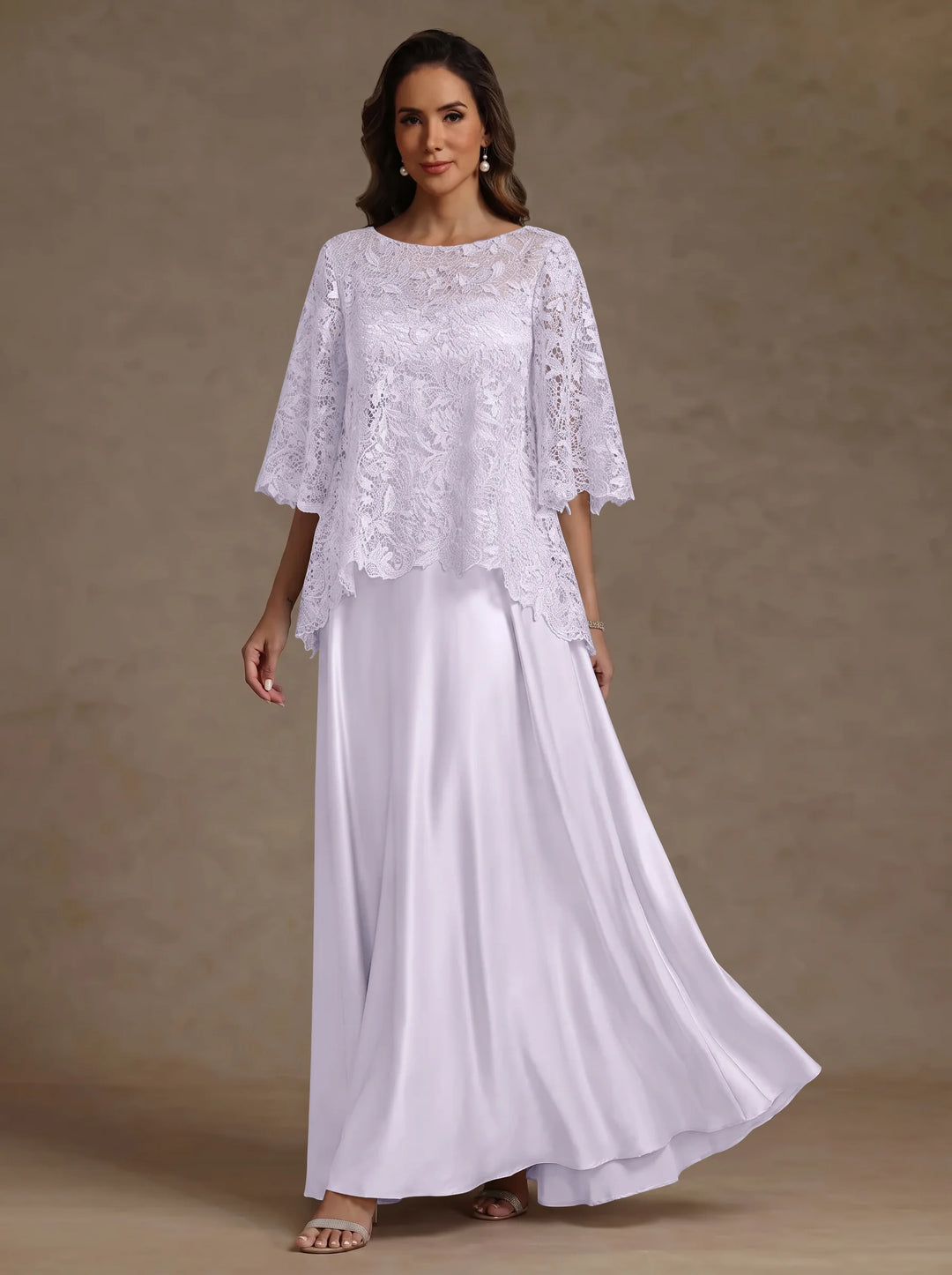 Ensemble 2 pièces mère de la mariée satin soie ligne A, col rond, manches courtes, longueur sol, dentelle