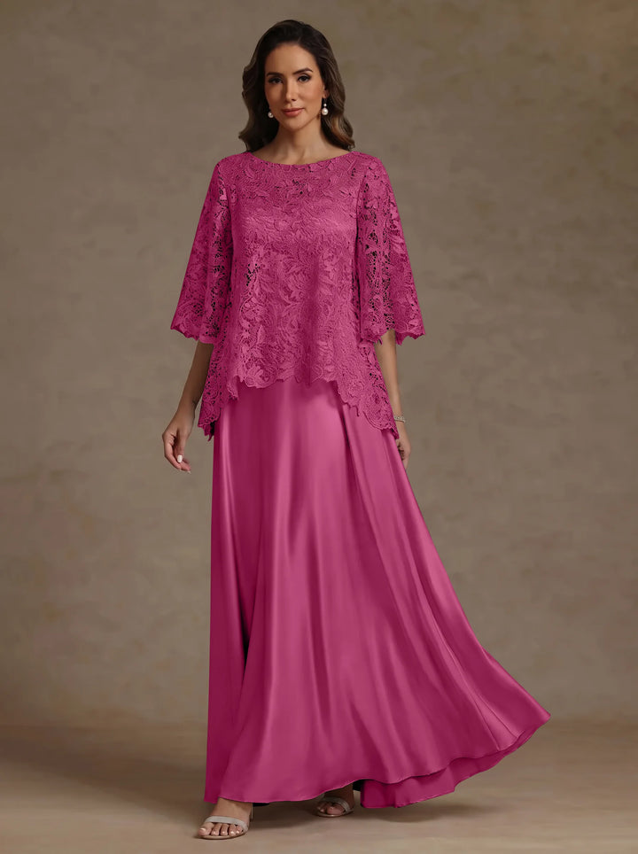 Ensemble 2 pièces mère de la mariée satin soie ligne A, col rond, manches courtes, longueur sol, dentelle
