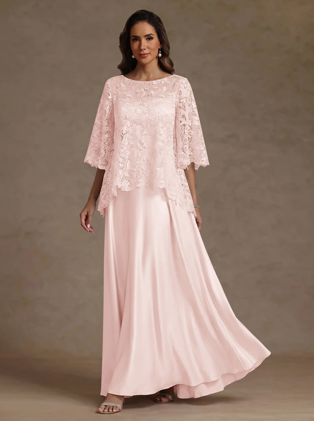 Ensemble 2 pièces mère de la mariée satin soie ligne A, col rond, manches courtes, longueur sol, dentelle