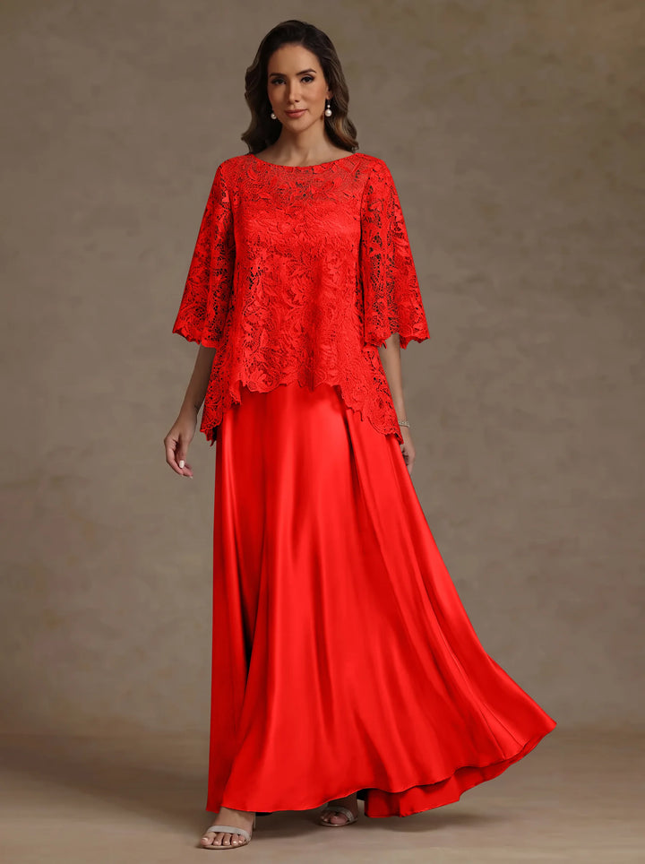 Ensemble 2 pièces mère de la mariée satin soie ligne A, col rond, manches courtes, longueur sol, dentelle