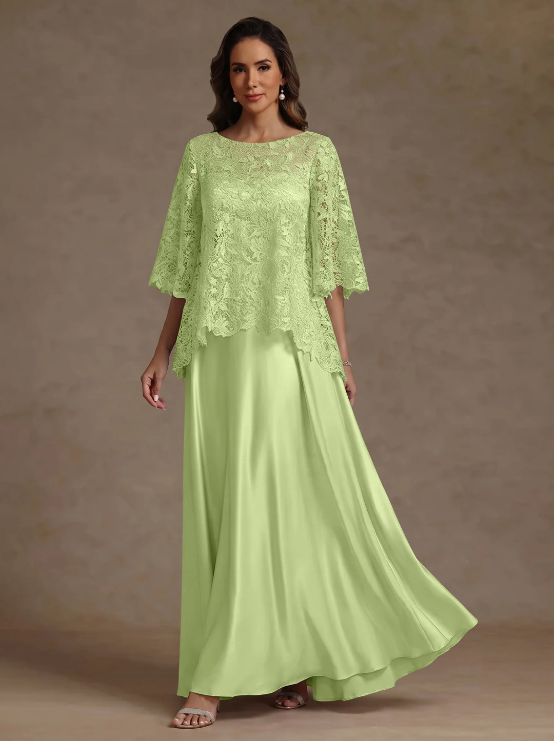Ensemble 2 pièces mère de la mariée satin soie ligne A, col rond, manches courtes, longueur sol, dentelle
