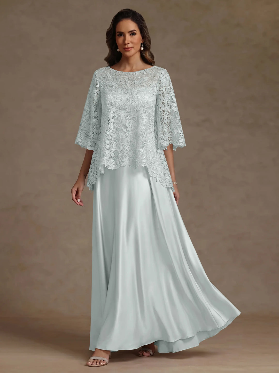 Ensemble 2 pièces mère de la mariée satin soie ligne A, col rond, manches courtes, longueur sol, dentelle