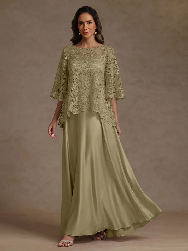 Ensemble 2 pièces mère de la mariée satin soie ligne A, col rond, manches courtes, longueur sol, dentelle
