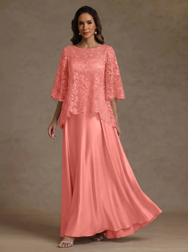 Ensemble 2 pièces mère de la mariée satin soie ligne A, col rond, manches courtes, longueur sol, dentelle