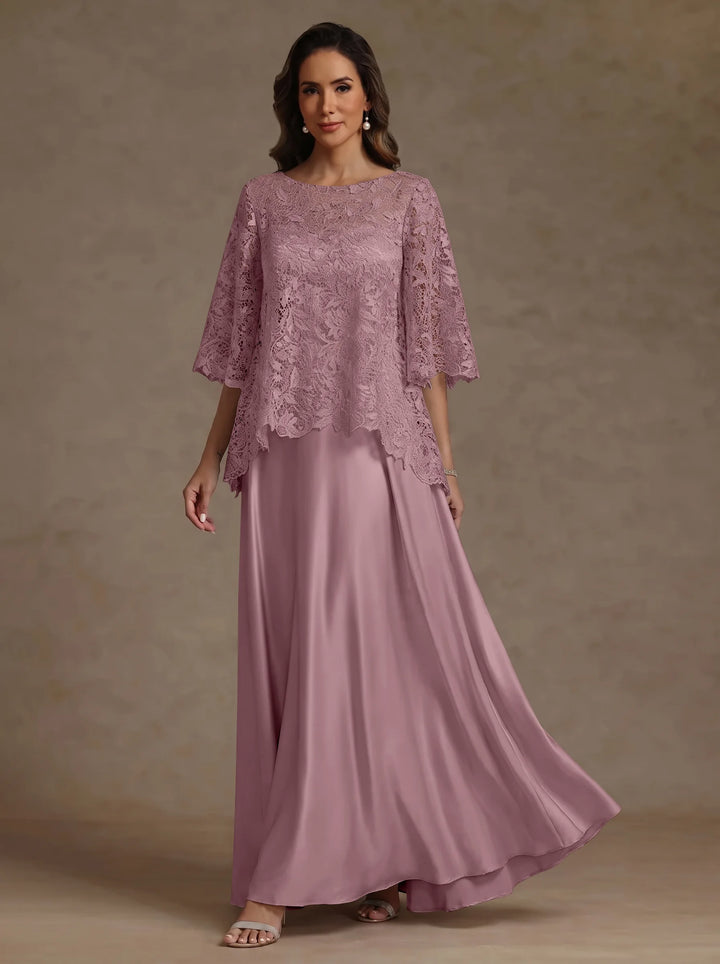 Ensemble 2 pièces mère de la mariée satin soie ligne A, col rond, manches courtes, longueur sol, dentelle